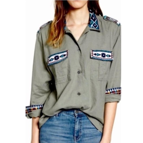 Rails Kona Button Down Shirt Linen Blend Embroidered Olive Green Shirt Sz XS - Picture 1 of 14